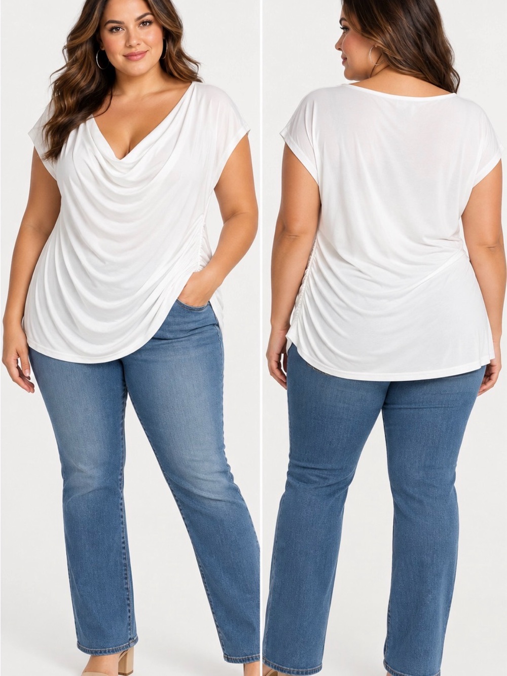 Ashley Stewart NWT White Linen Cowl Neck Ruched Top Plus Size 18/20